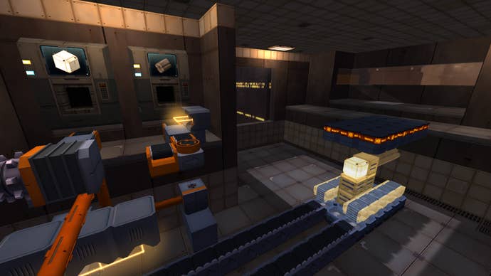 A factory in motion in Infinifactory from Zachtronics, with cubes being transported on conveyor belts