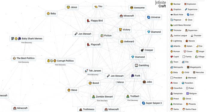 A web of crafted ideas in Infinite Craft, each idea just a word and an emoji.