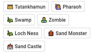 Infinite Craft screengrab showing sidebar contianing words like Tutankhamun, Pharaoh, Zombie, Sand Monster, and Swamp