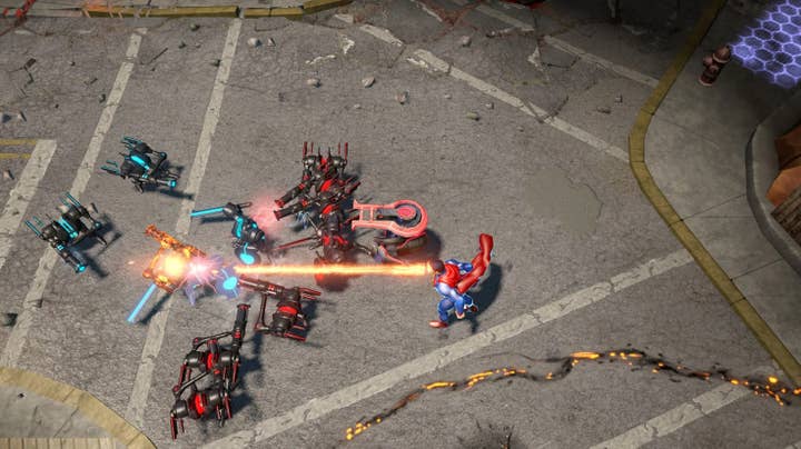 Screenshot of Infinite Crisis MOBA with Superman using heat vision to attack a mob of robots