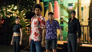 Like a Dragon: Infinite Wealth screenshot showing Ichiban Kasuga, Kiryu Kazama, and two of their buddies in front of a surfboard ship in Hawaii