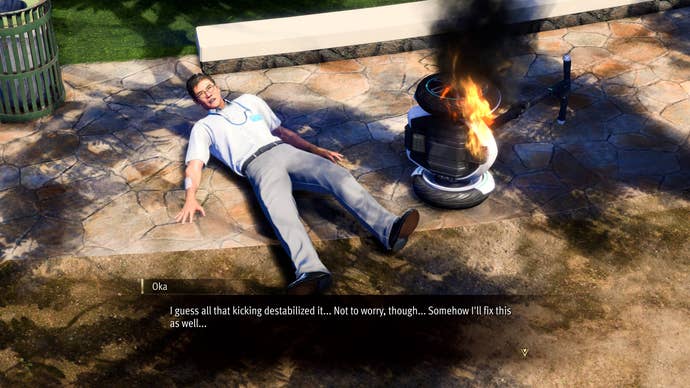 A man lies next to a segue that’s on fire in Like A Dragon: Infinite Wealth.