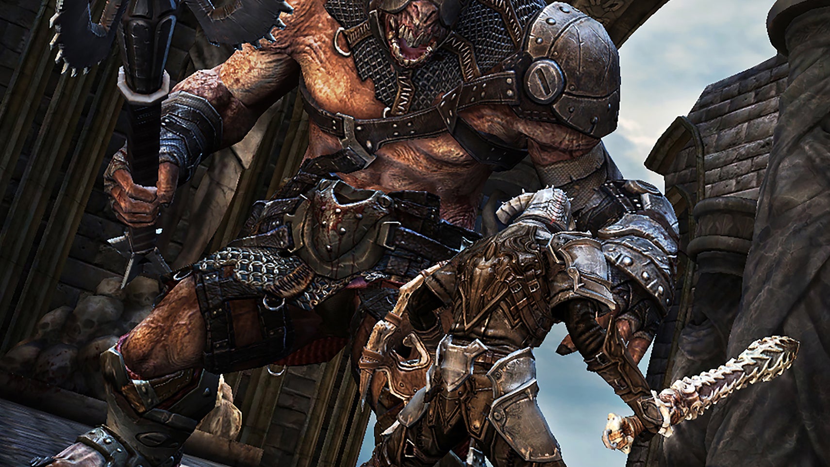 Infinity Blade screenshot showing a knight facing off against a large, axe-wielding humanoid-monster. - 1