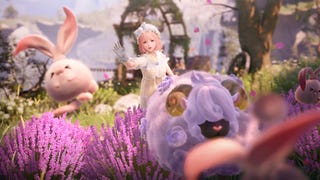 Nikki chases Blushbunnies and a Sheep through purple meadowland.