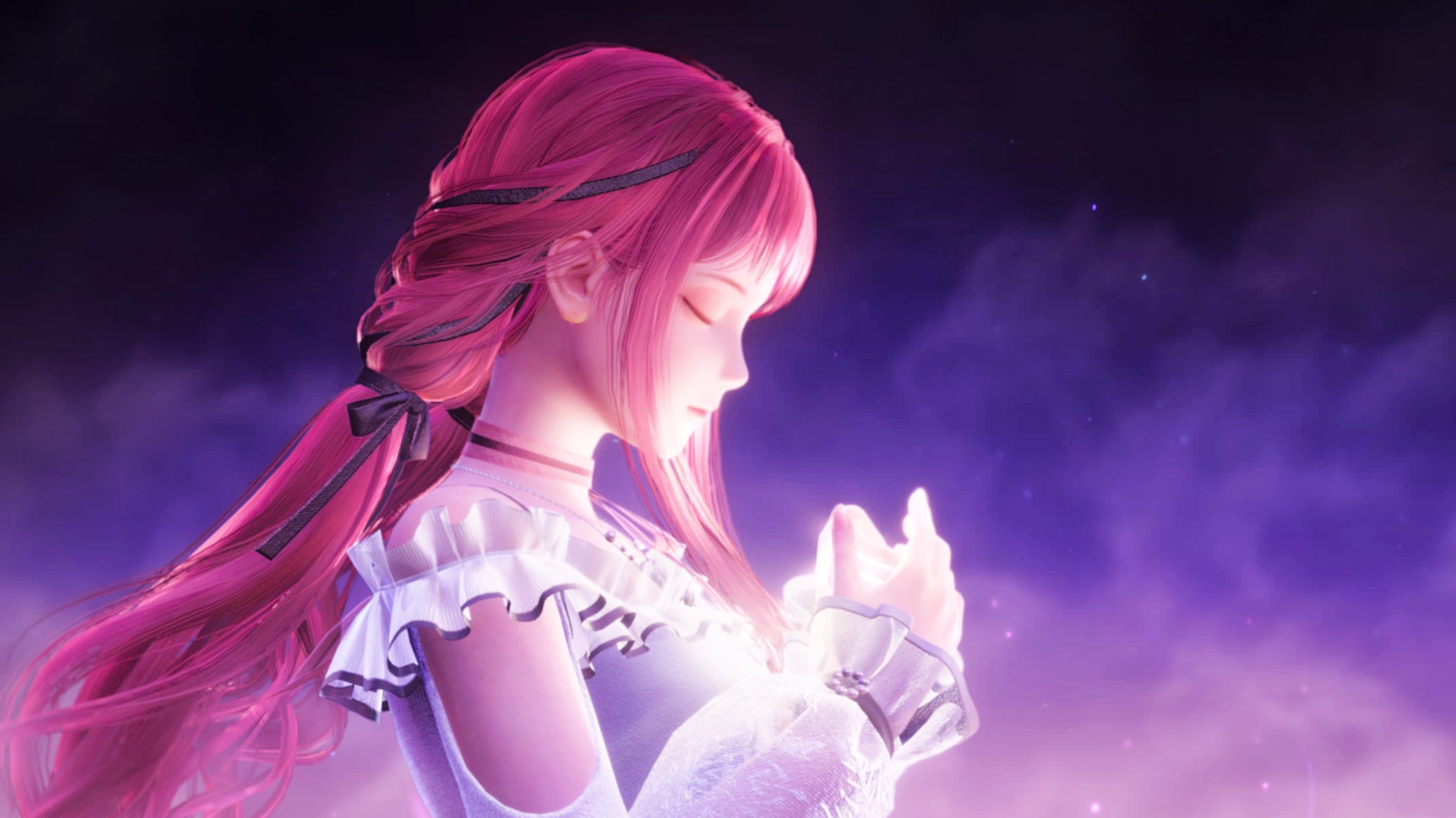 Nikki in Infinity Nikki clasps her hands and closes her eyes with her side to the camera, surrounded by smoky purple clouds. - 1