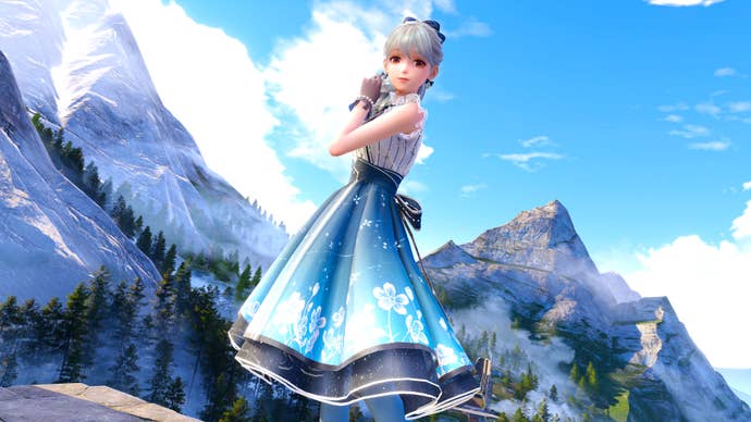 Nikki in Infinity Nikki poses in front of the camera in a flowing blue dress against a backdrop of mountains and blue sky.