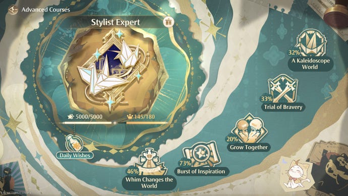 The Advanced Courses screen in Infinity Nikki, showing the player’s current Stylist Rank to be “Stylist Expert”.