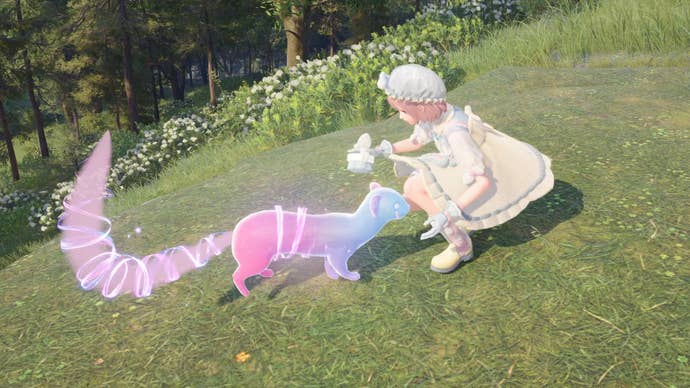 A close-up of Nikki in Infinity Nikki grooming a magical Whimstar ferret in a grassy clearing.