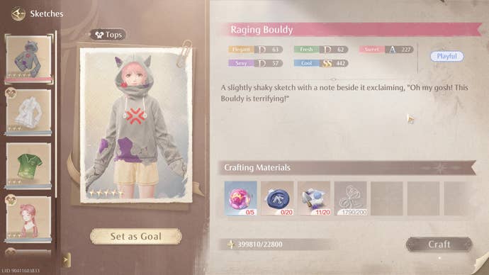 Looking at a hoodie blueprint in Infinity Nikki.