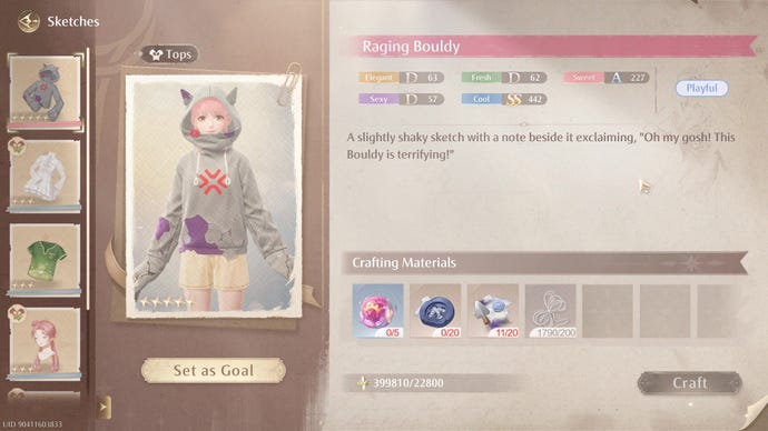 Looking at a hoodie blueprint in Infinity Nikki.