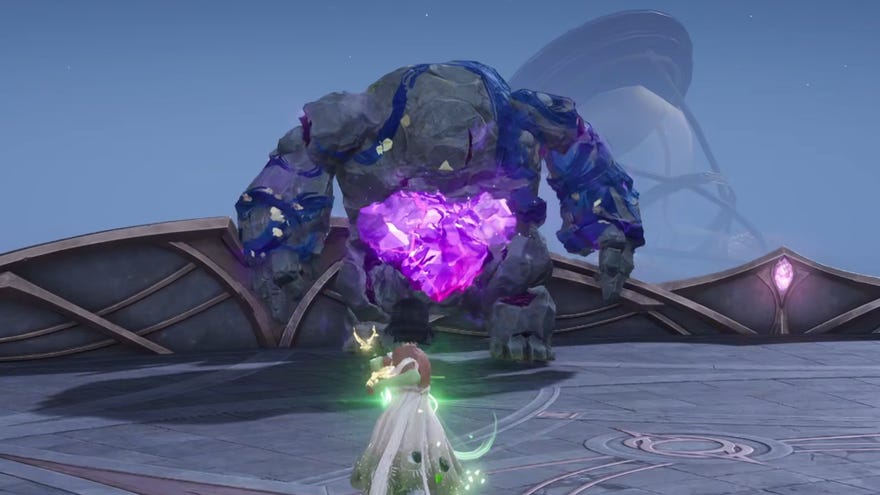 Nikki in Infinity Nikki faces off against a Bouldy enemy in the Realm Of The Dark with its stomach purple and exposed.