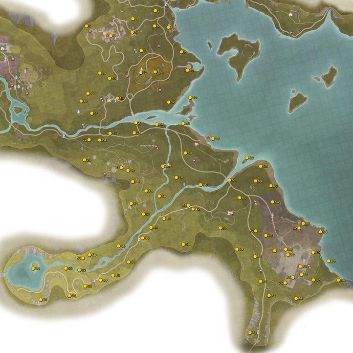 A high-resolution map of the region of Breezy Meadow in Infinity Nikki, with the locations of all the Whimstars in that region marked and numbered in yellow.