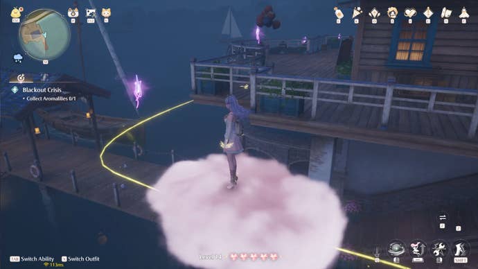 Nikki stands on a moving pink cloud at night as part of a Whimstar time trial challenge in Infinity Nikki.