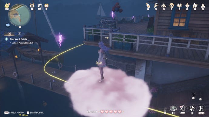 Nikki stands on a moving pink cloud at night as part of a Whimstar time trial challenge in Infinity Nikki.