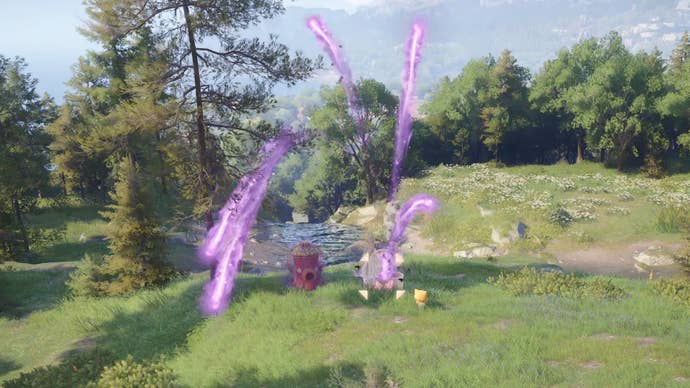 Nikki in Infinity Nikki opens a combat treasure chest in a grassy clearing, and Esselings spew out of the chest.