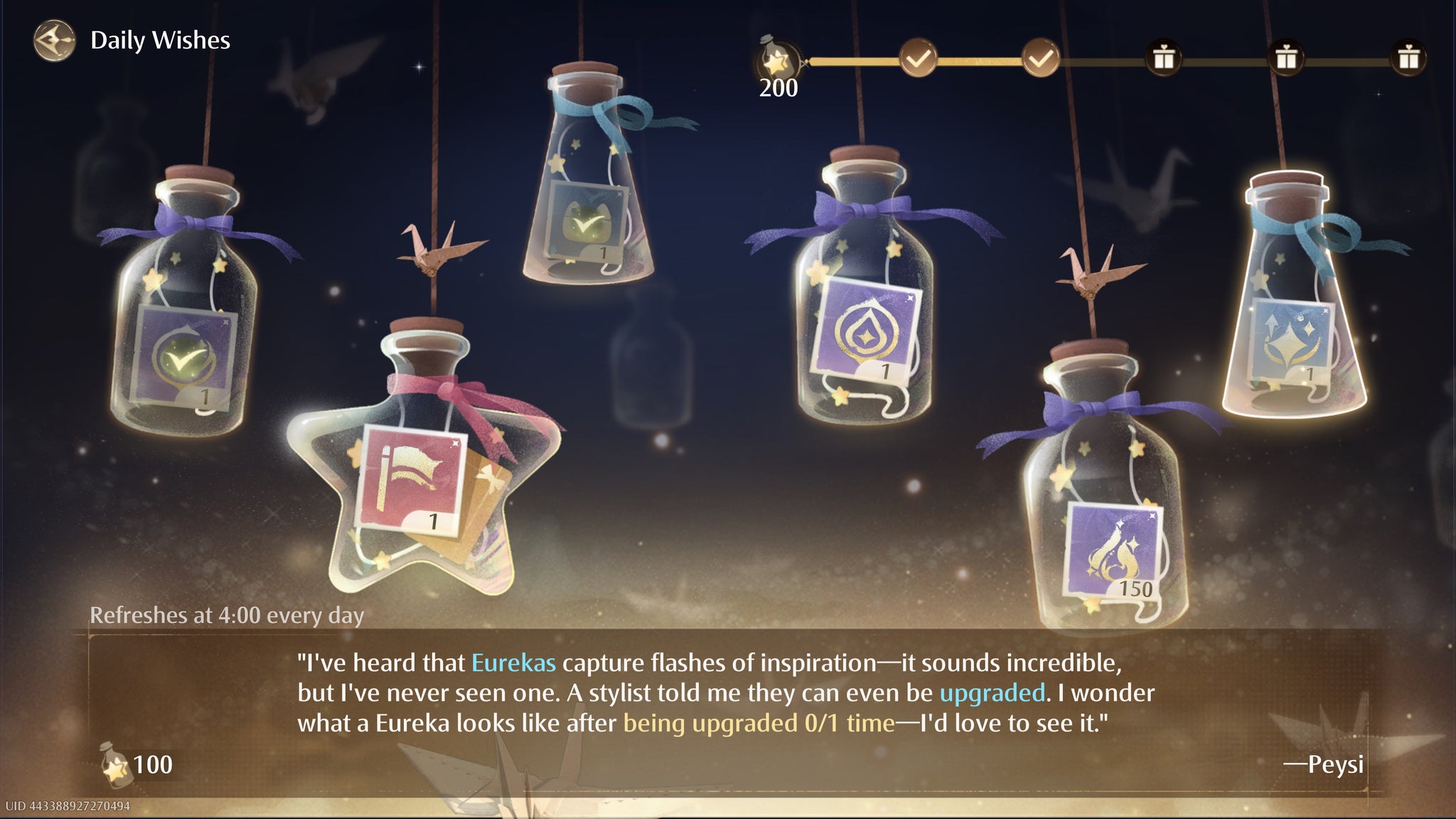 The Daily Wishes screen in Infinity Nikki, showing lots of glass bottles of different shapes hanging by threads from the top of the screen. - 4