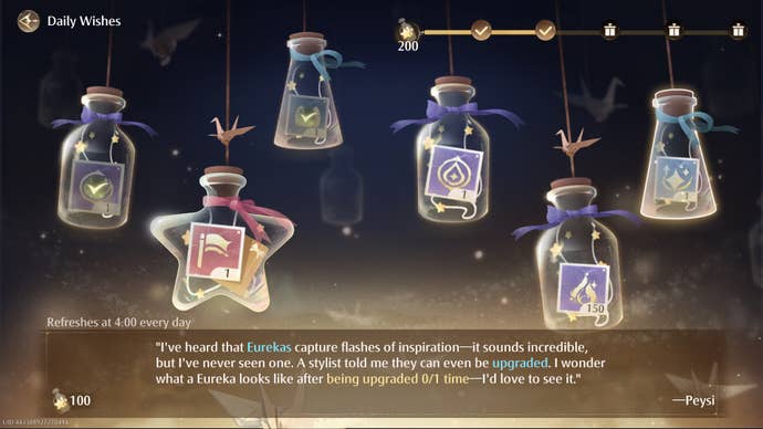 The Daily Wishes screen in Infinity Nikki, showing lots of glass bottles of different shapes hanging by threads from the top of the screen.