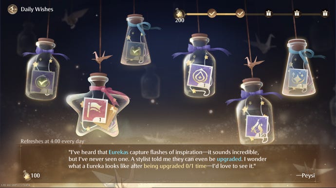 The Daily Wishes screen in Infinity Nikki, showing lots of glass bottles of different shapes hanging by threads from the top of the screen.