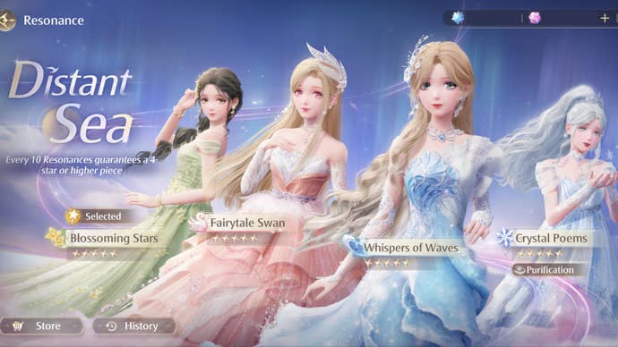 The splash screen for the Distant Sea banner in Infinity Nikki’s Resonance screen, with the four 5-star outfits of the banner shown in the background.