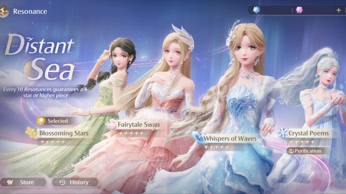 The splash screen for the Distant Sea banner in Infinity Nikki’s Resonance screen, with the four 5-star outfits of the banner shown in the background.