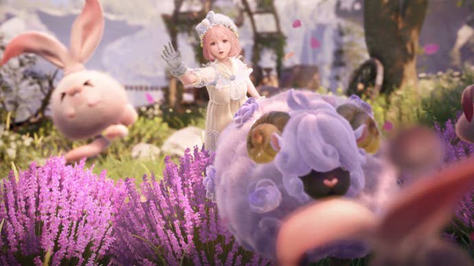 infinity nikki epic games store promo art character chasing a sheep and bunny