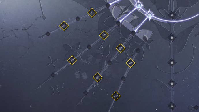 Part of the Heart Of Infinity skill tree screen in Infinity Nikki, with eight diamond-shaped skill nodes related to gathering Essence items highlighted in yellow.