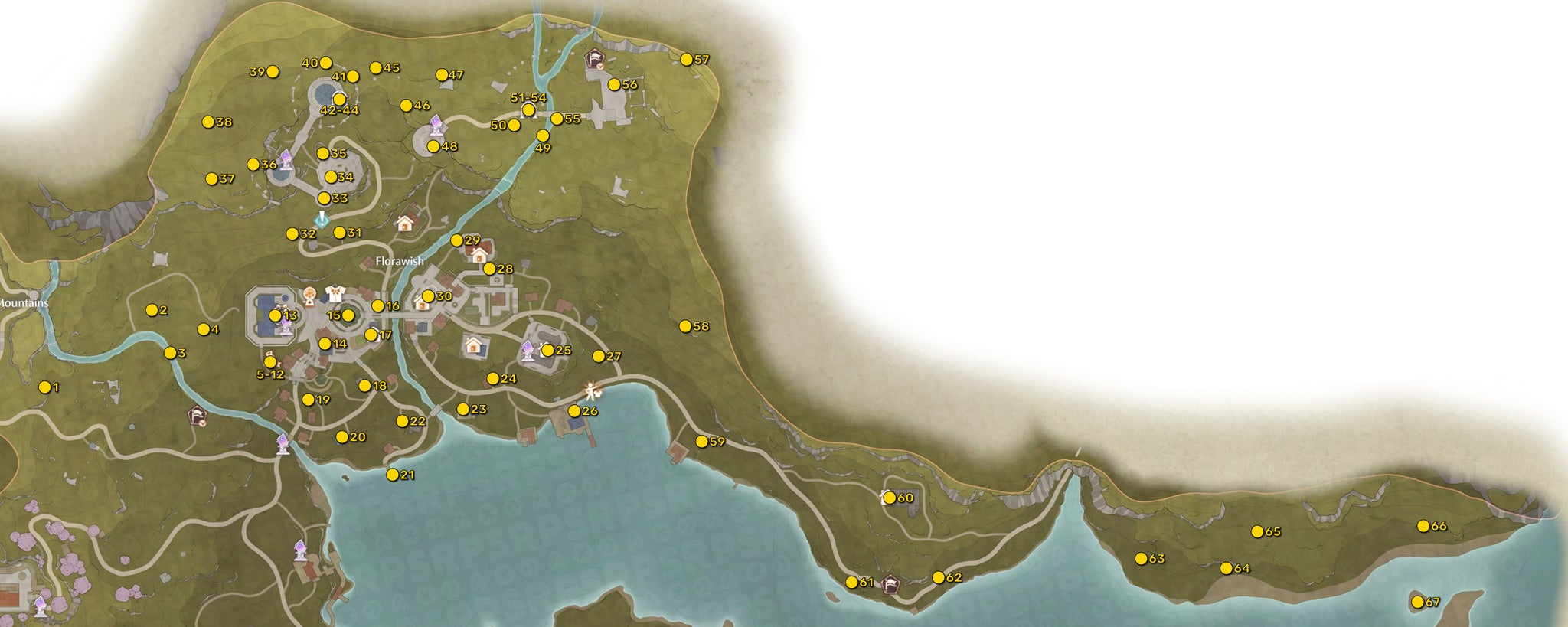 A high-resolution map of the region of Florawish in Infinity Nikki, with the locations of all the Whimstars in that region marked and numbered in yellow. - 5