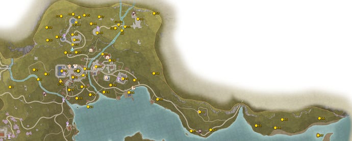 A high-resolution map of the region of Florawish in Infinity Nikki, with the locations of all the Whimstars in that region marked and numbered in yellow.