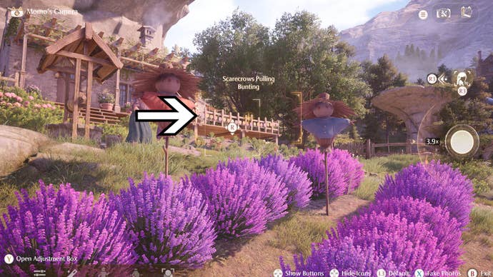 infinity nikki forced perspective two scarecrows holding bunting completion angle