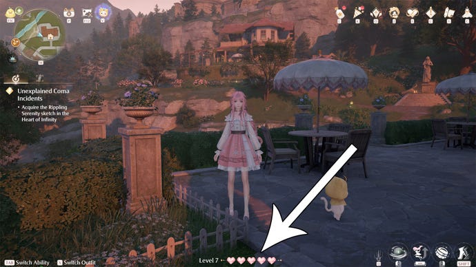 An arrow pointing to the HP bar in Infinity Nikki.