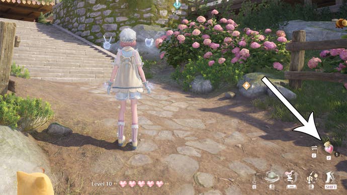 An arrow pointing to a healing item in Infinity Nikki.