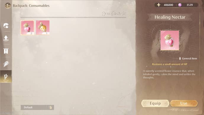 The consumables menu in Infinity Nikki.