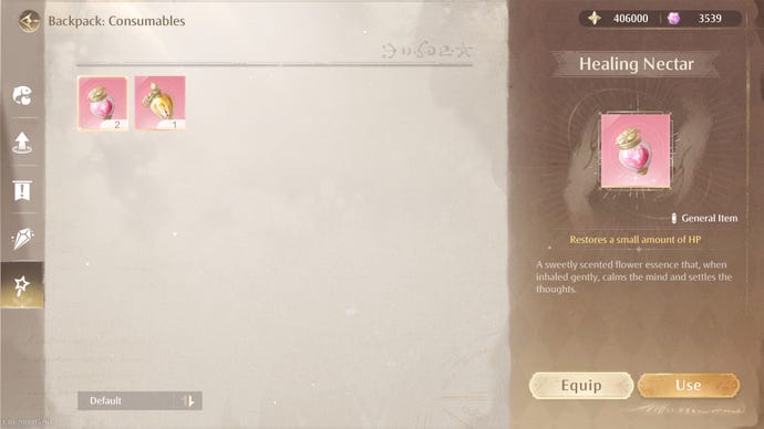 The consumables menu in Infinity Nikki.