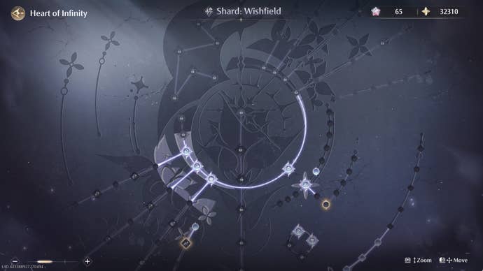 The Heart Of Infinity screen in Infinity Nikki, showing an abstract constellation-like pattern of skills to unlock against a dark grey stone background.