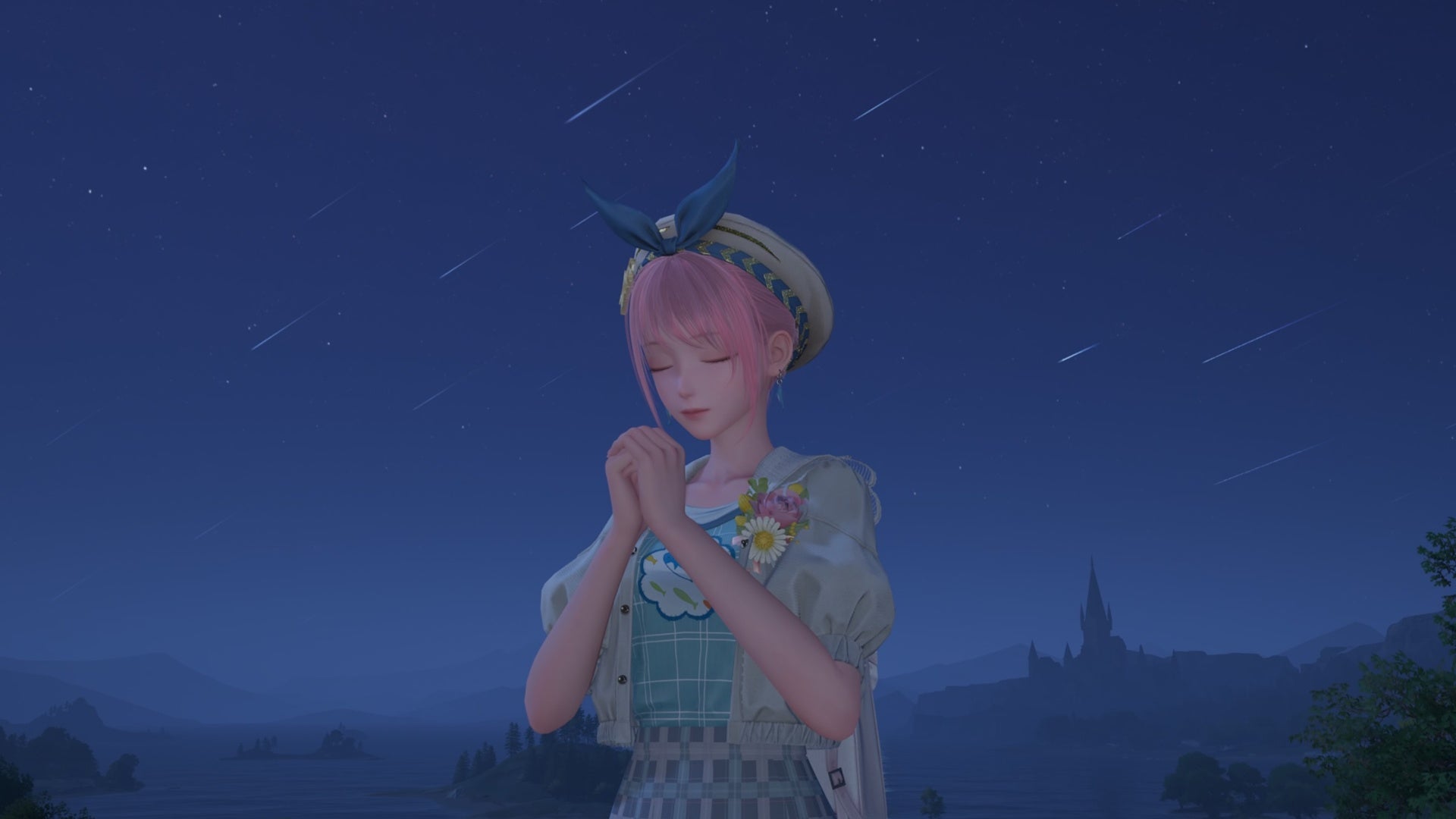 infinity nikki in front of sky full of shooting stars