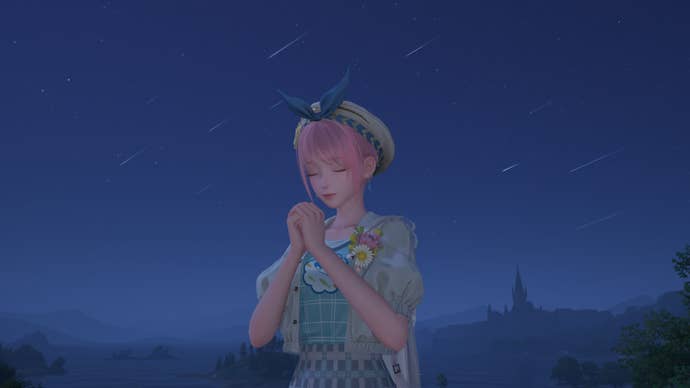 infinity nikki in front of sky full of shooting stars