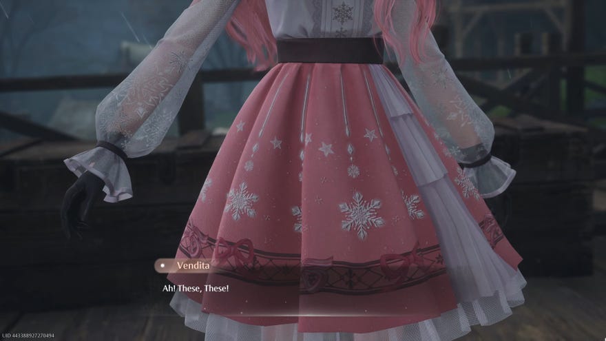 A close-up of Nikki’s default pink dress in Infinity Nikki as she shows off her black gloves for a Kindled Inspiration quest.