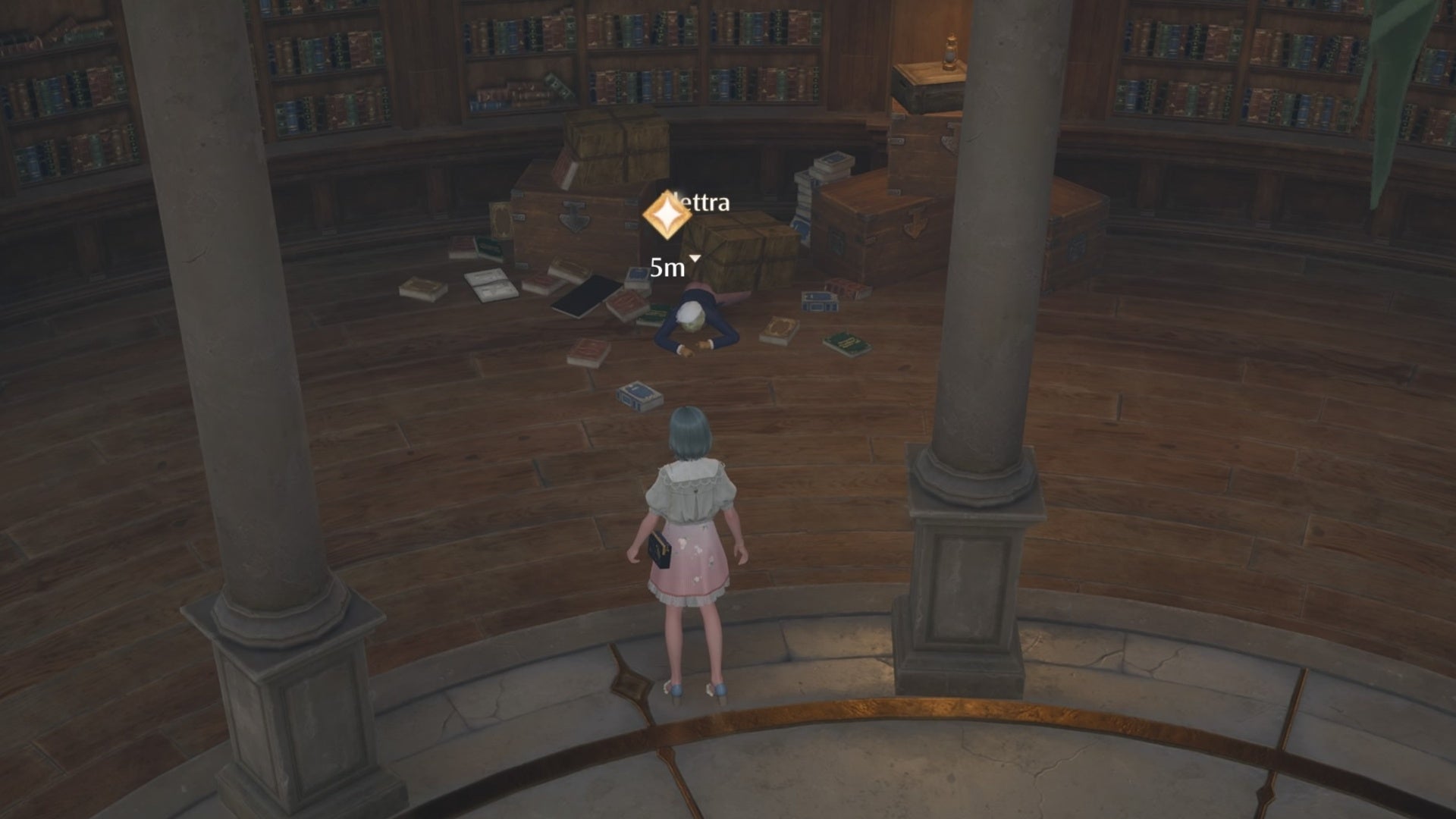 infinity nikki listening to echoes past elettra underneath pile of books