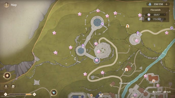A close-up of part of northern Florawish on the Infinity Nikki map, with the locations of various collected Whimstars marked with star icons.