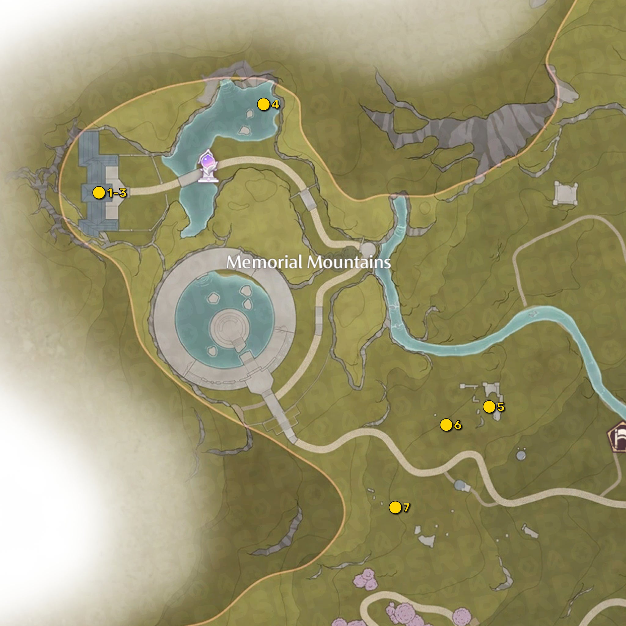 A high-resolution map of the region of the Memorial Mountains in Infinity Nikki, with the locations of all the Whimstars in that region marked and numbered in yellow. - 4