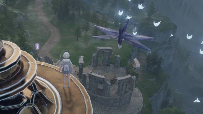 infinity nikki nikki facing blue grand crane from dream warehouse roof