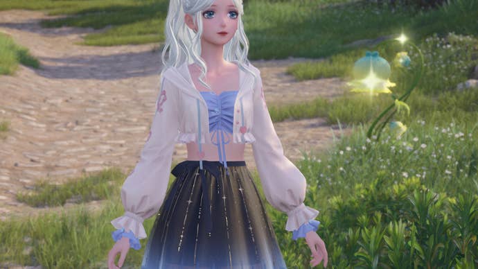 infinity nikki nikki wearing wishful pact skirt for camouflage kindled inspiration