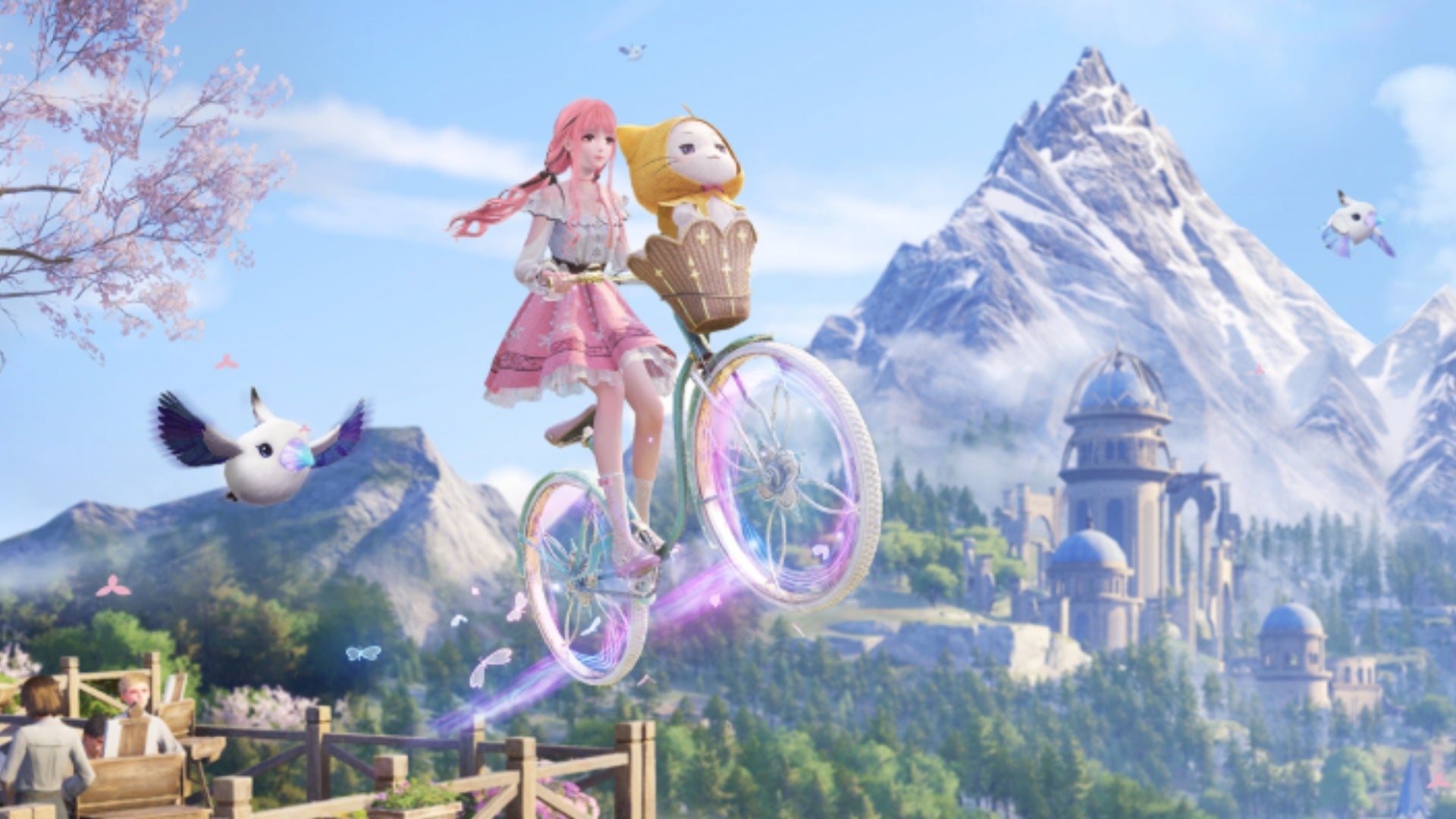 infinity nikki on bicycle with momo in basket official epic games store artwork