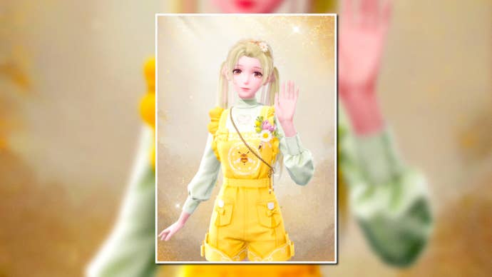 A portrait of the Afternoon Shine Outfit in Infinity Nikki in the centre of the screen against a blurred background.