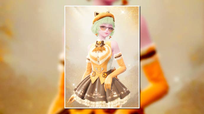 A portrait of the Bibcoon Realm Outfit in Infinity Nikki in the centre of the screen against a blurred background.