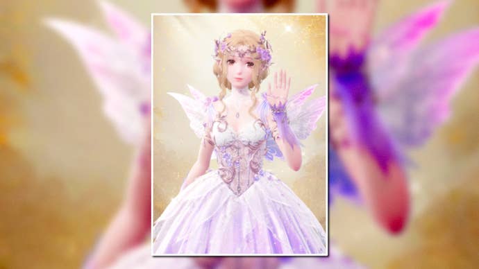 A portrait of the Blooming Dreams Outfit in Infinity Nikki in the centre of the screen against a blurred background.