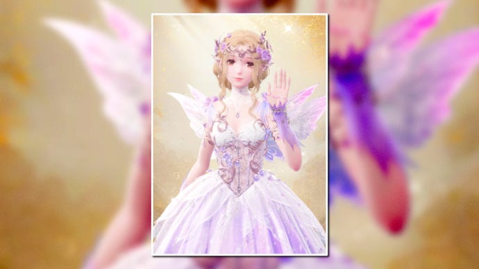 A portrait of the Blooming Dreams Outfit in Infinity Nikki in the centre of the screen against a blurred background.