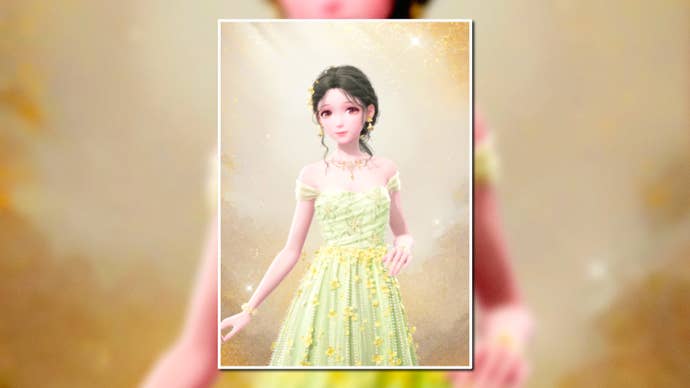 A portrait of the Blossoming Stars Outfit in Infinity Nikki in the centre of the screen against a blurred background.
