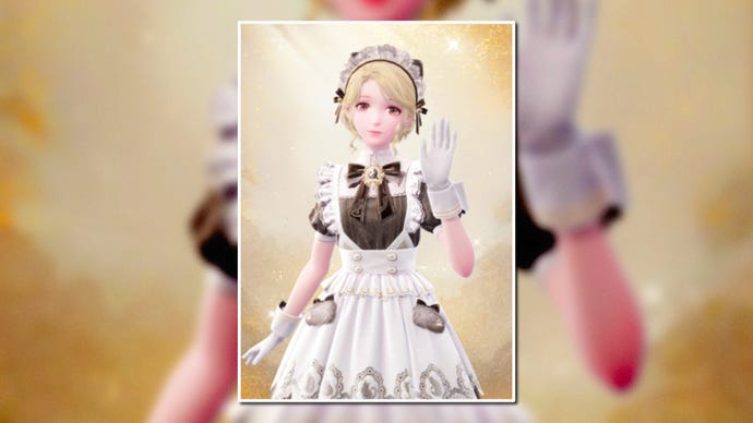 A portrait of the Breezy Tea Time Outfit in Infinity Nikki in the centre of the screen against a blurred background.