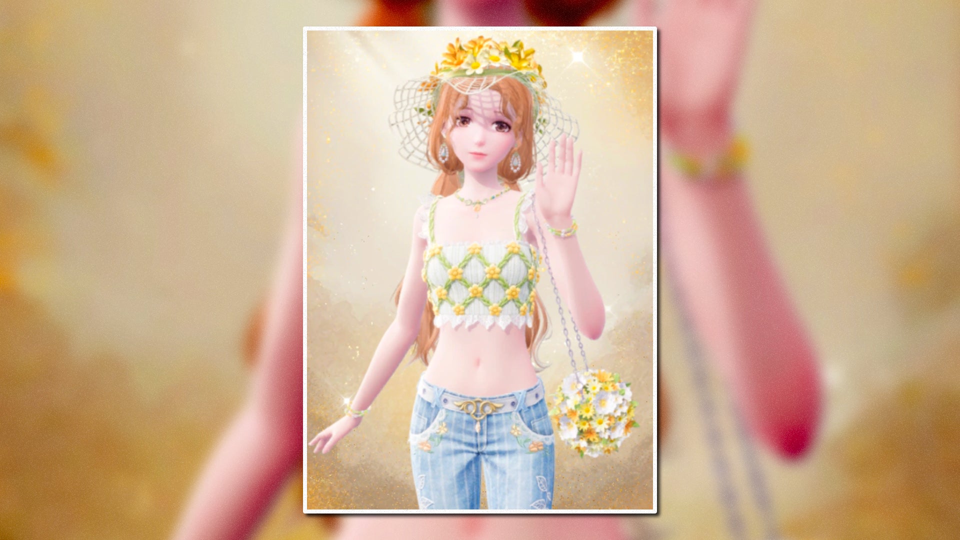 A portrait of the Bright Days Outfit in Infinity Nikki in the centre of the screen against a blurred background. - 33
